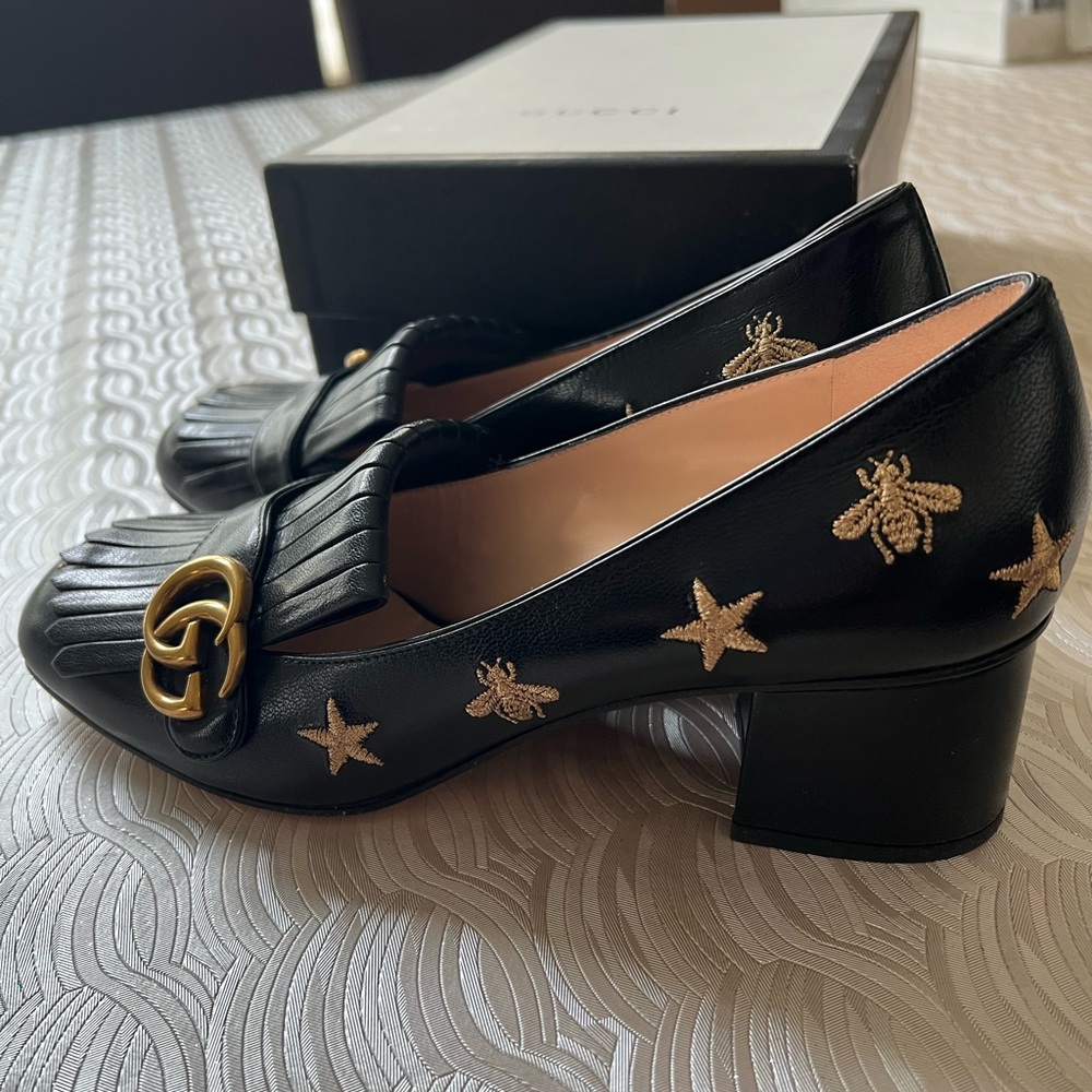 GUCCI MARMONT GG Black Leather Quentin Bee Star Fringe Pump Loafer